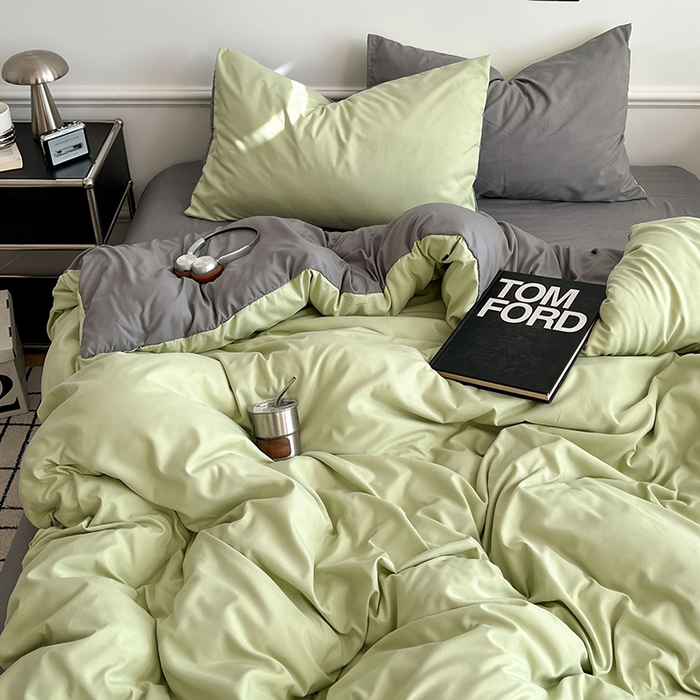 91家纺网 家纺一手货源 找家纺 世爵 2026新款10A抗菌亲肤水洗棉双拼四件套 绿浅灰