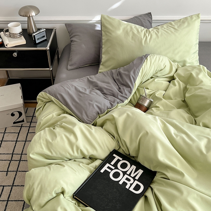 91家纺网 家纺一手货源 找家纺 世爵 2026新款10A抗菌亲肤水洗棉双拼四件套 绿浅灰