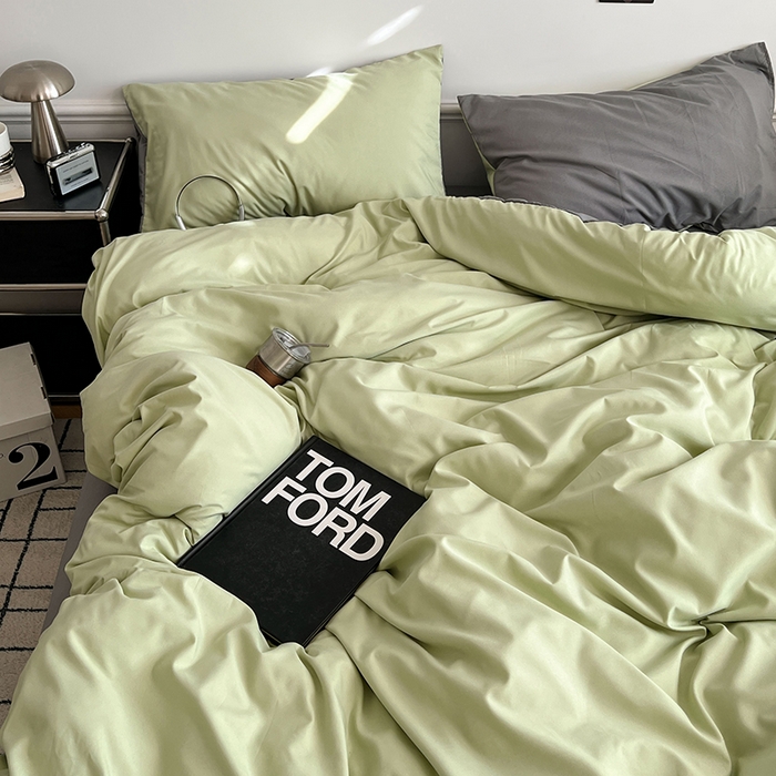 91家纺网 家纺一手货源 找家纺 世爵 2026新款10A抗菌亲肤水洗棉双拼四件套 绿浅灰