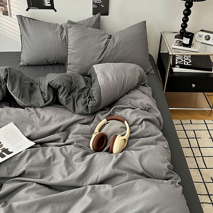 91家纺网 家纺一手货源 找家纺 世爵 2026新款10A抗菌亲肤水洗棉双拼四件套 墨松灰