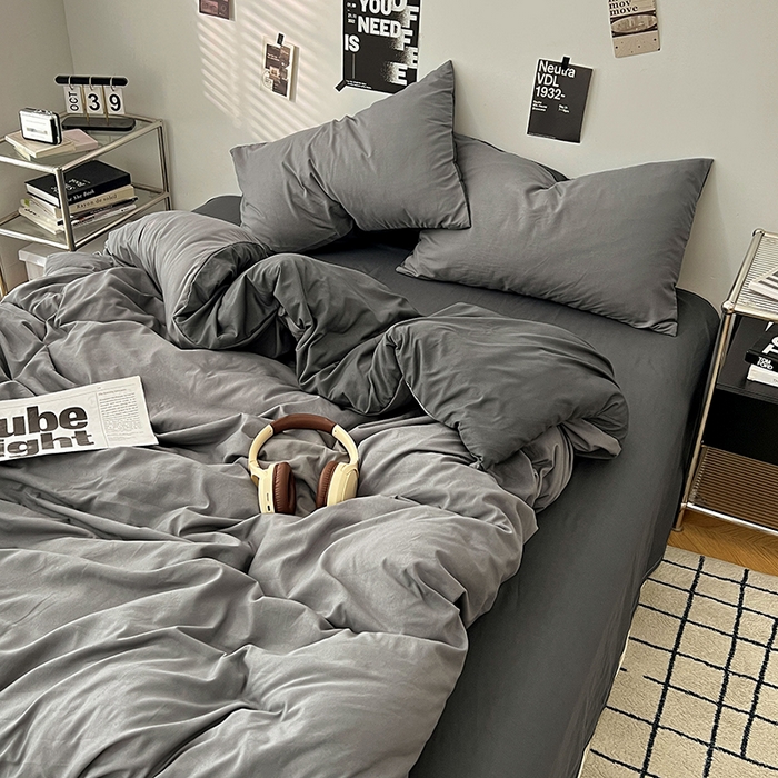 91家纺网 家纺一手货源 找家纺 世爵 2026新款10A抗菌亲肤水洗棉双拼四件套 墨松灰