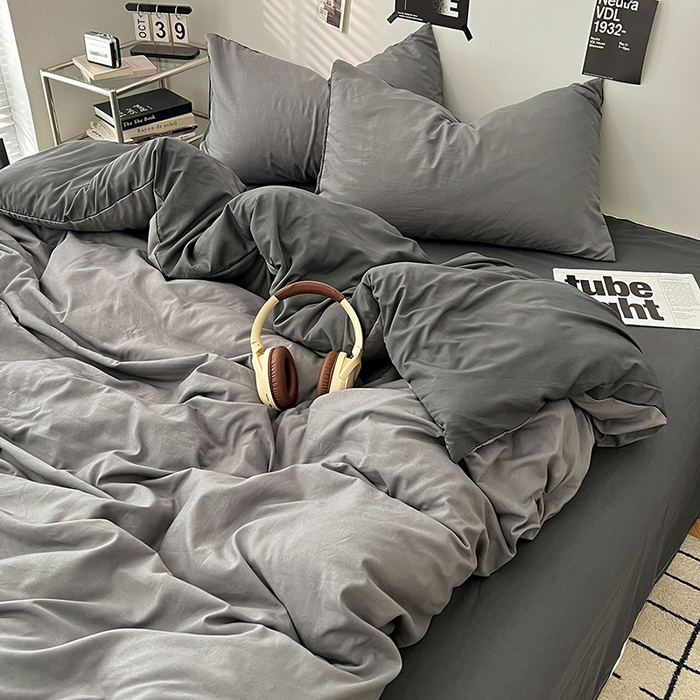 91家纺网 家纺一手货源 找家纺 世爵 2026新款10A抗菌亲肤水洗棉双拼四件套 墨松灰