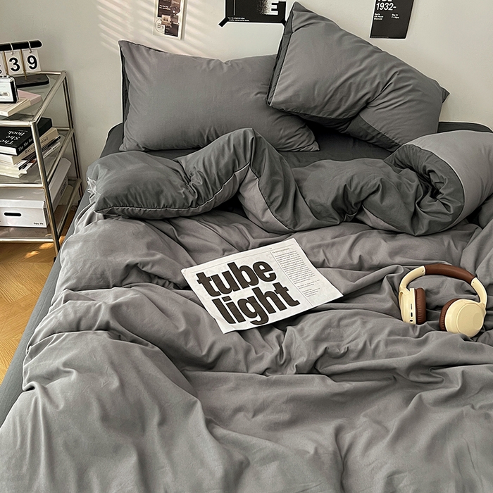 91家纺网 家纺一手货源 找家纺 世爵 2026新款10A抗菌亲肤水洗棉双拼四件套 墨松灰