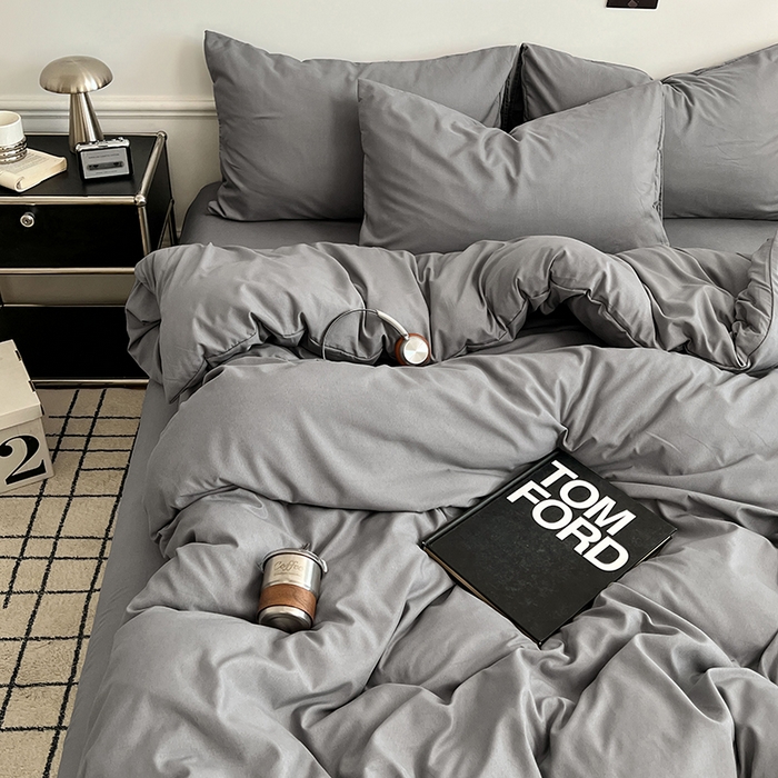 91家纺网 家纺一手货源 找家纺 世爵 2026新款10A抗菌亲肤水洗棉双拼四件套 浅灰