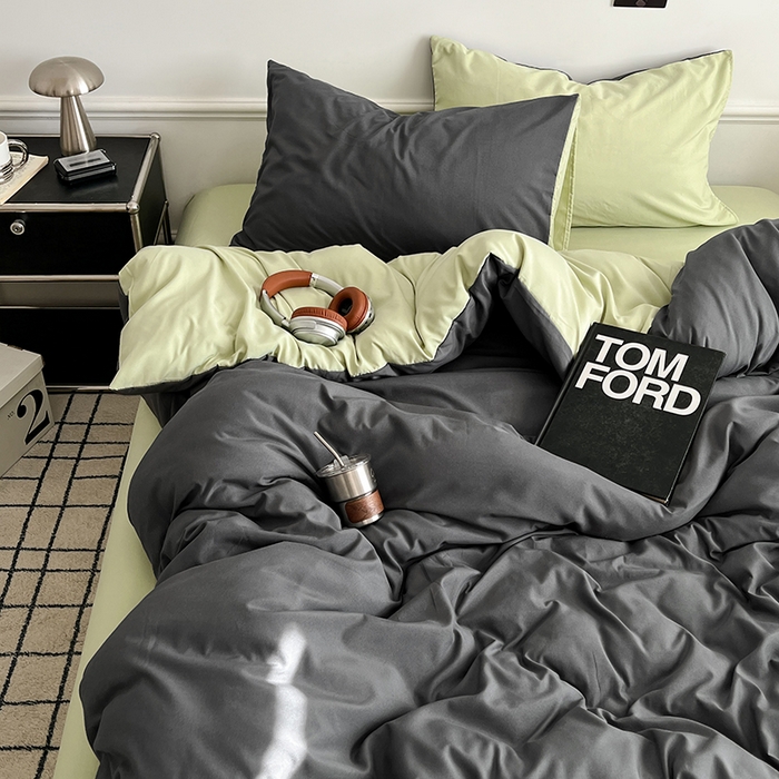 91家纺网 家纺一手货源 找家纺 世爵 2026新款10A抗菌亲肤水洗棉双拼四件套 深灰绿