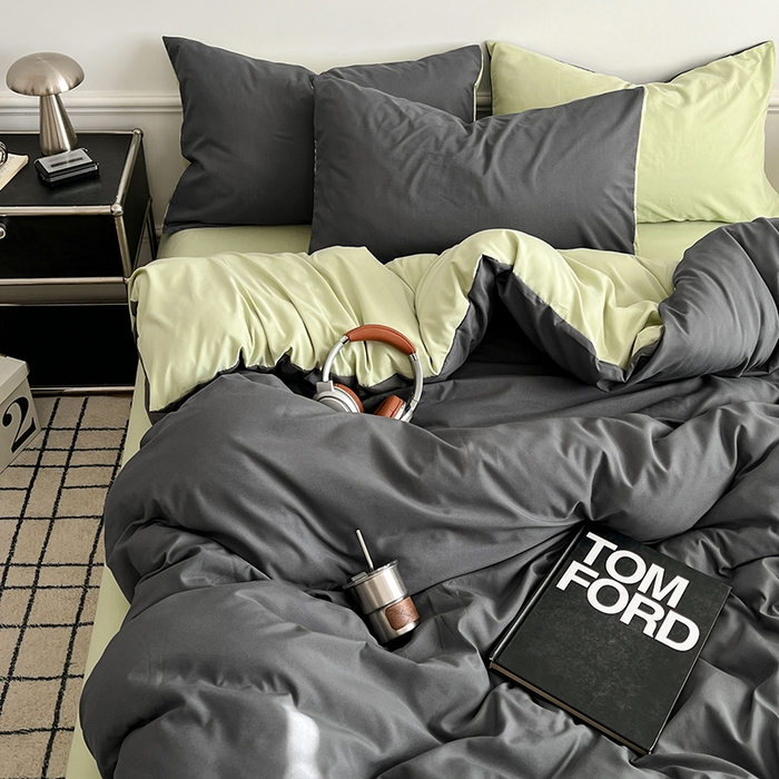 91家纺网 家纺一手货源 找家纺 世爵 2026新款10A抗菌亲肤水洗棉双拼四件套 深灰绿