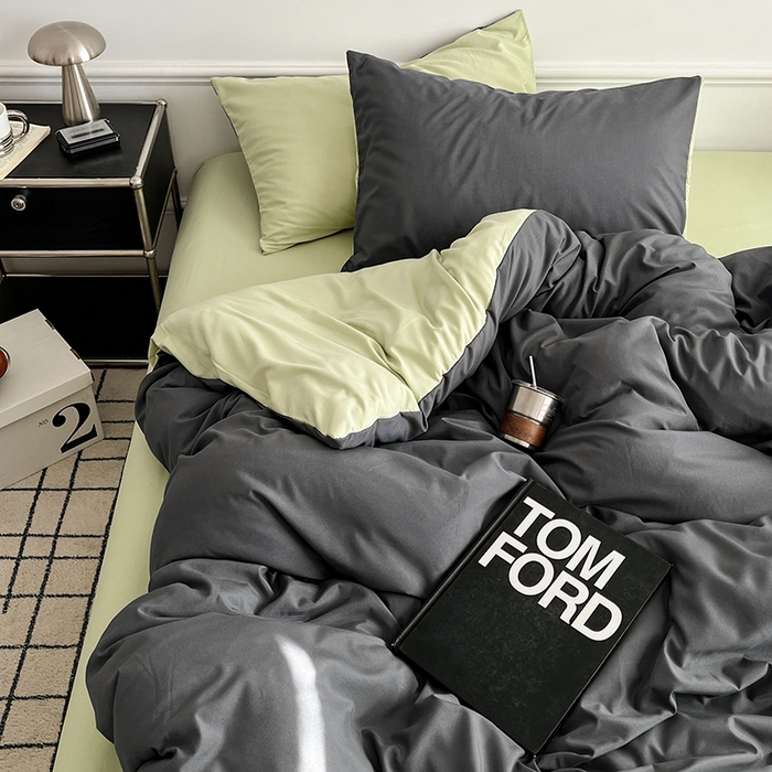 91家纺网 家纺一手货源 找家纺 世爵 2026新款10A抗菌亲肤水洗棉双拼四件套 深灰绿