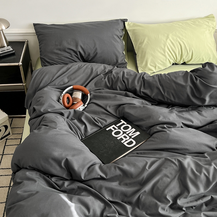 91家纺网 家纺一手货源 找家纺 世爵 2026新款10A抗菌亲肤水洗棉双拼四件套 深灰绿