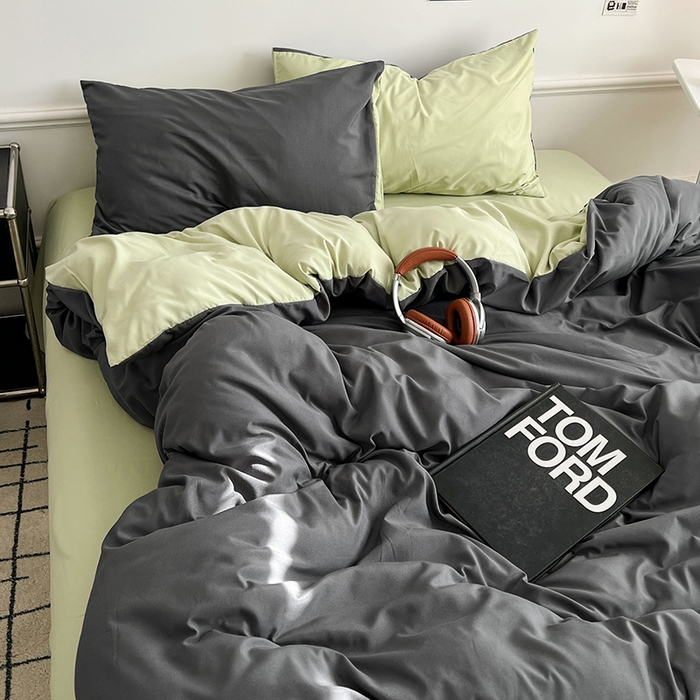 91家纺网 家纺一手货源 找家纺 世爵 2026新款10A抗菌亲肤水洗棉双拼四件套 深灰绿