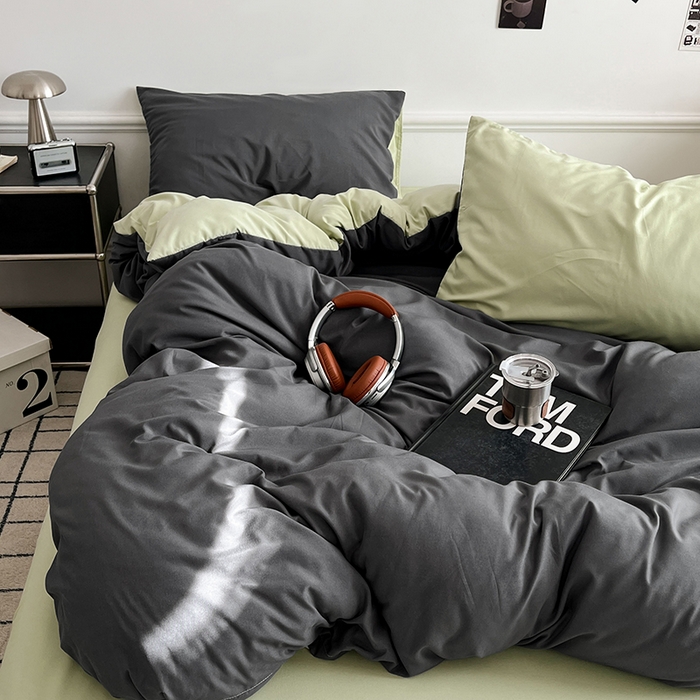 91家纺网 家纺一手货源 找家纺 世爵 2026新款10A抗菌亲肤水洗棉双拼四件套 深灰绿