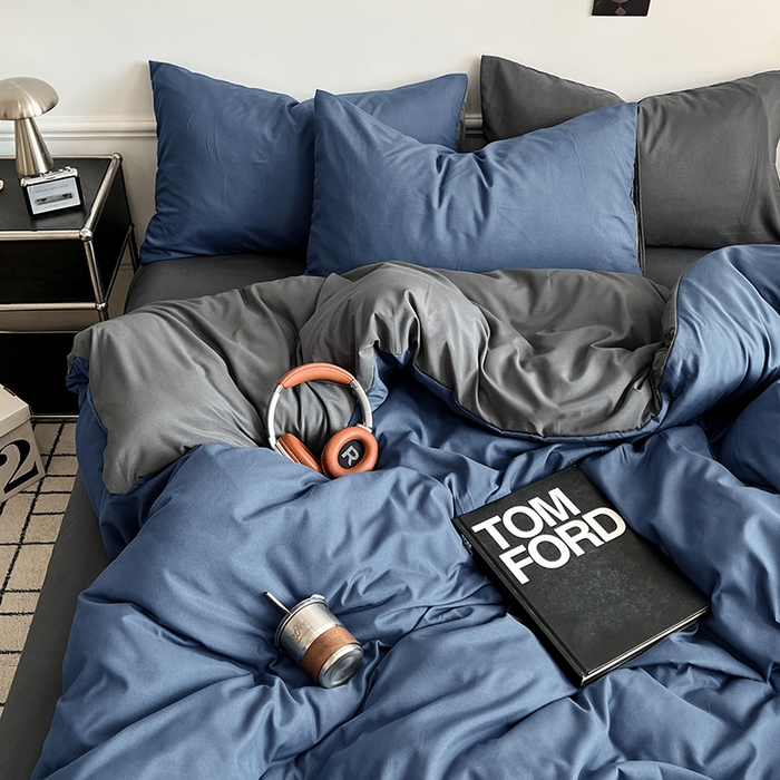 91家纺网 家纺一手货源 找家纺 世爵 2026新款10A抗菌亲肤水洗棉双拼四件套 深蓝灰