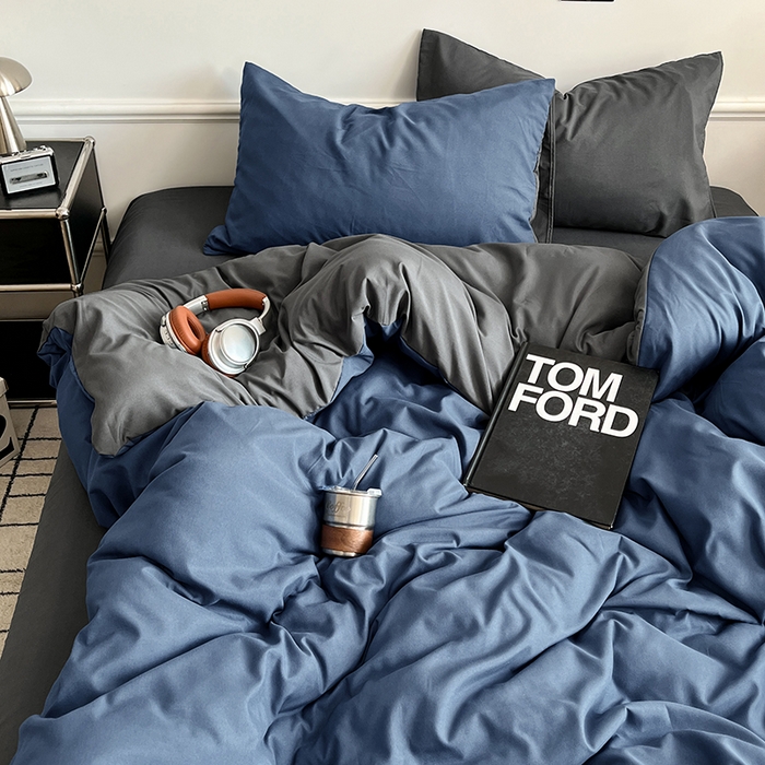 91家纺网 家纺一手货源 找家纺 世爵 2026新款10A抗菌亲肤水洗棉双拼四件套 深蓝灰