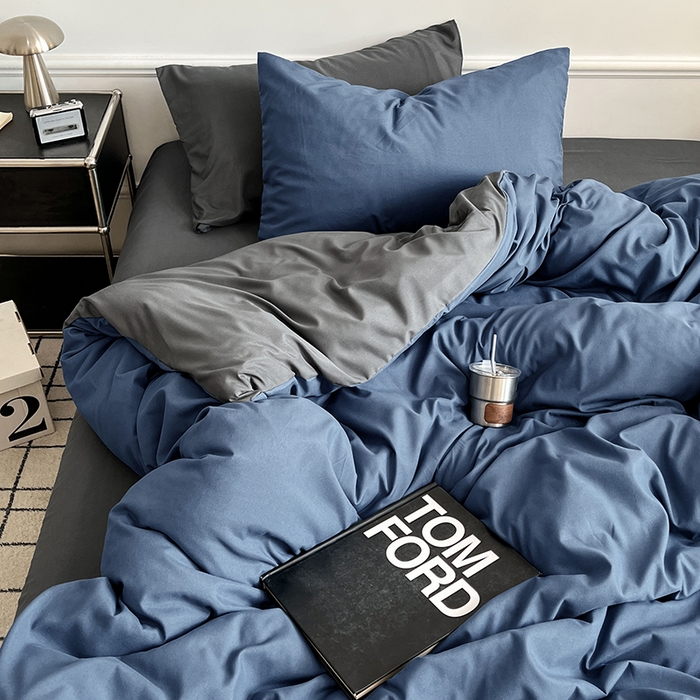 91家纺网 家纺一手货源 找家纺 世爵 2026新款10A抗菌亲肤水洗棉双拼四件套 深蓝灰