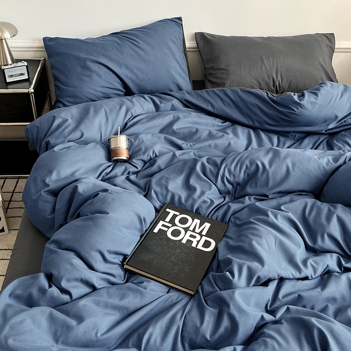 91家纺网 家纺一手货源 找家纺 世爵 2026新款10A抗菌亲肤水洗棉双拼四件套 深蓝灰