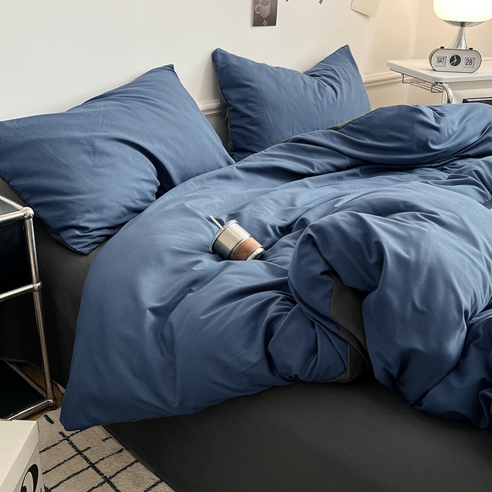 91家纺网 家纺一手货源 找家纺 世爵 2026新款10A抗菌亲肤水洗棉双拼四件套 深蓝灰