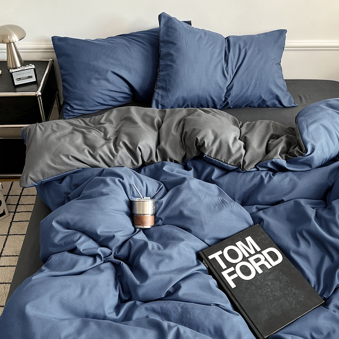 91家纺网 家纺一手货源 找家纺 世爵 2026新款10A抗菌亲肤水洗棉双拼四件套 深蓝灰