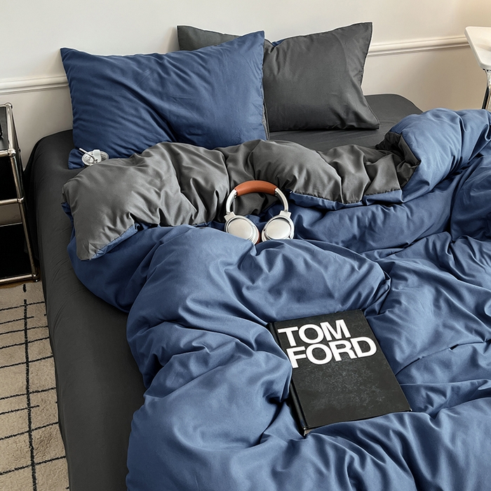 91家纺网 家纺一手货源 找家纺 世爵 2026新款10A抗菌亲肤水洗棉双拼四件套 深蓝灰