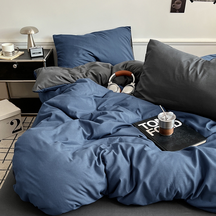 91家纺网 家纺一手货源 找家纺 世爵 2026新款10A抗菌亲肤水洗棉双拼四件套 深蓝灰