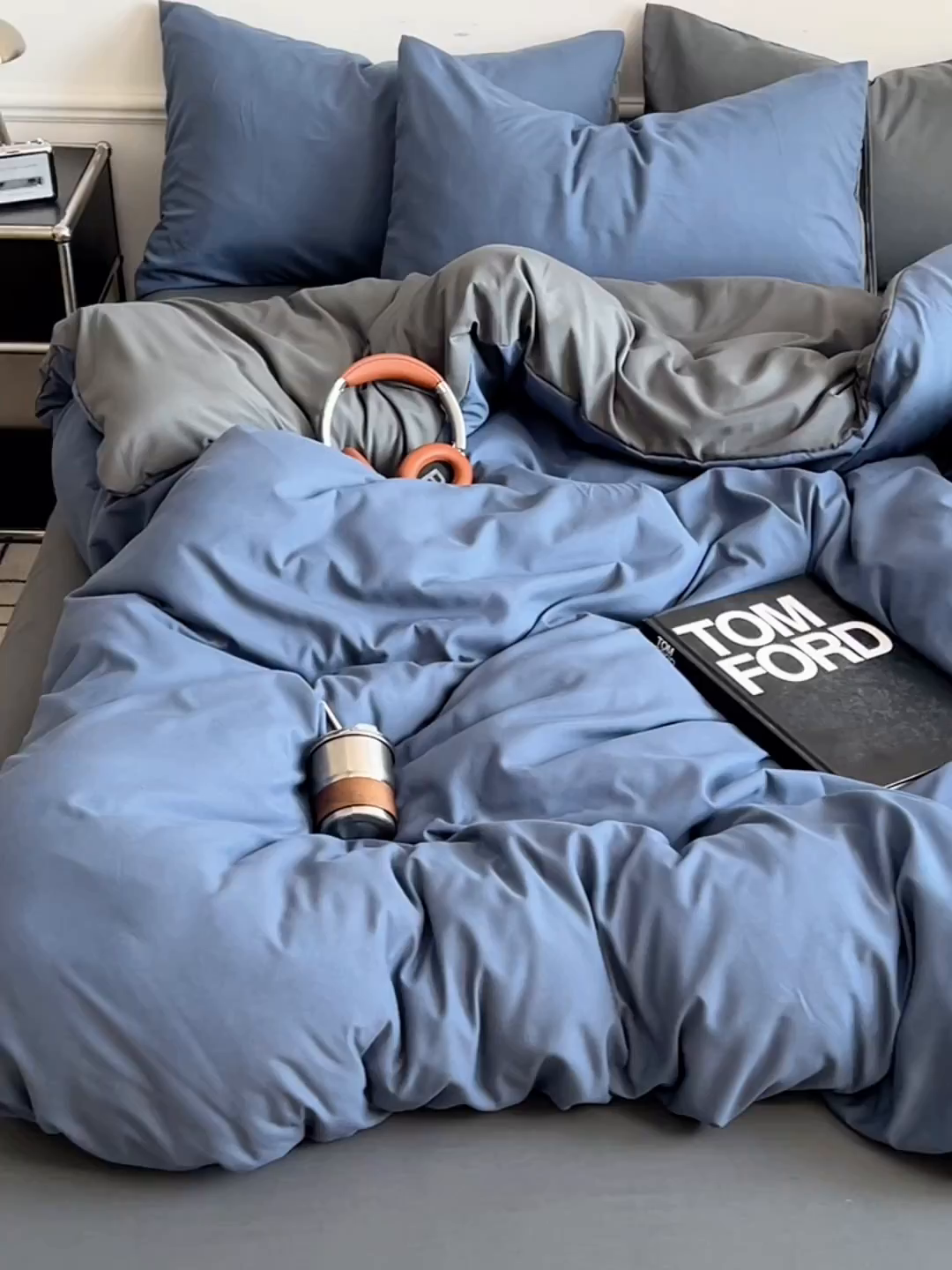 91家纺网 家纺一手货源 找家纺 世爵 2026新款10A抗菌亲肤水洗棉双拼四件套 深蓝灰