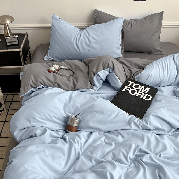 91家纺网 家纺一手货源 找家纺 世爵 2026新款10A抗菌亲肤水洗棉双拼四件套 天空蓝浅灰