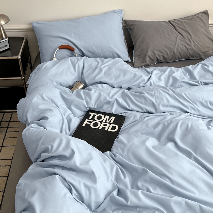 91家纺网 家纺一手货源 找家纺 世爵 2026新款10A抗菌亲肤水洗棉双拼四件套 天空蓝浅灰