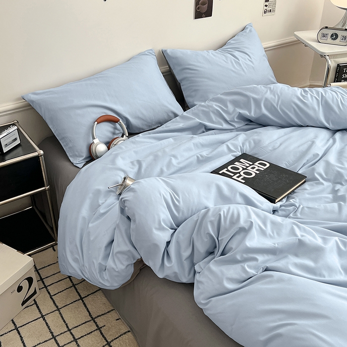 91家纺网 家纺一手货源 找家纺 世爵 2026新款10A抗菌亲肤水洗棉双拼四件套 天空蓝浅灰