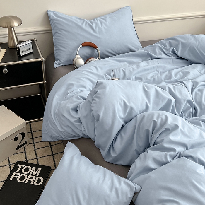 91家纺网 家纺一手货源 找家纺 世爵 2026新款10A抗菌亲肤水洗棉双拼四件套 天空蓝浅灰