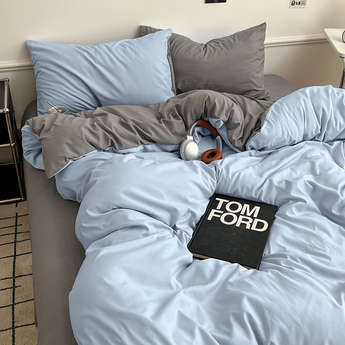 91家纺网 家纺一手货源 找家纺 世爵 2026新款10A抗菌亲肤水洗棉双拼四件套 天空蓝浅灰