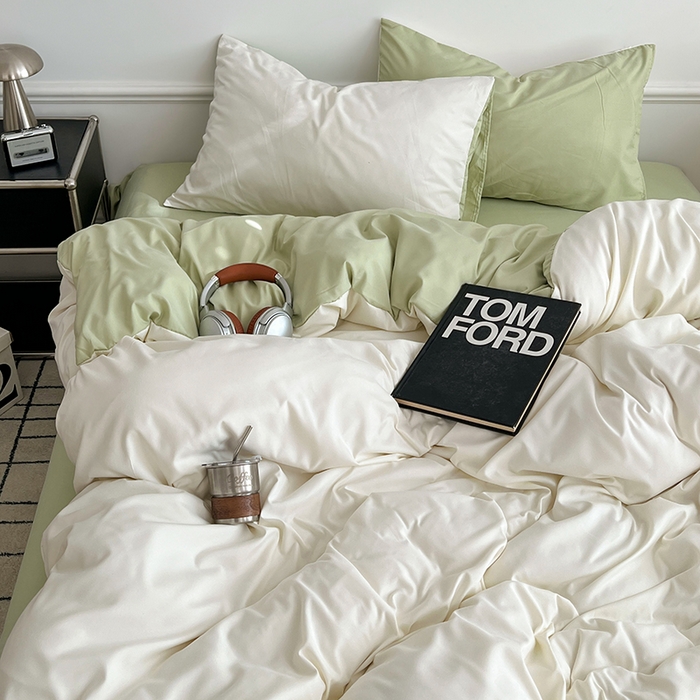 91家纺网 家纺一手货源 找家纺 世爵 2026新款10A抗菌亲肤水洗棉双拼四件套 远山绿