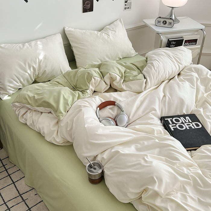 91家纺网 家纺一手货源 找家纺 世爵 2026新款10A抗菌亲肤水洗棉双拼四件套 远山绿