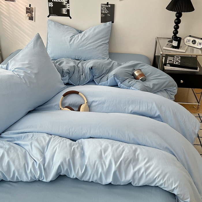 91家纺网 家纺一手货源 找家纺 世爵 2026新款10A抗菌亲肤水洗棉双拼四件套 远天蓝