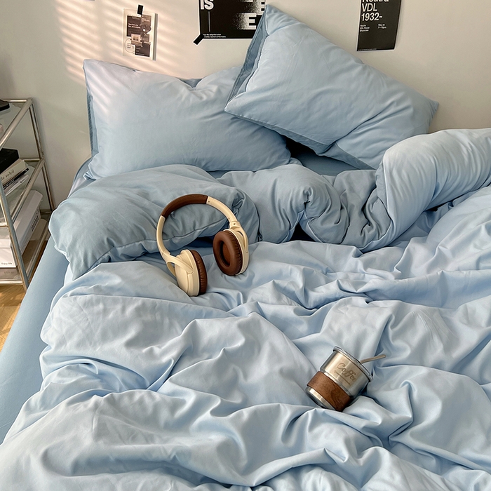 91家纺网 家纺一手货源 找家纺 世爵 2026新款10A抗菌亲肤水洗棉双拼四件套 远天蓝