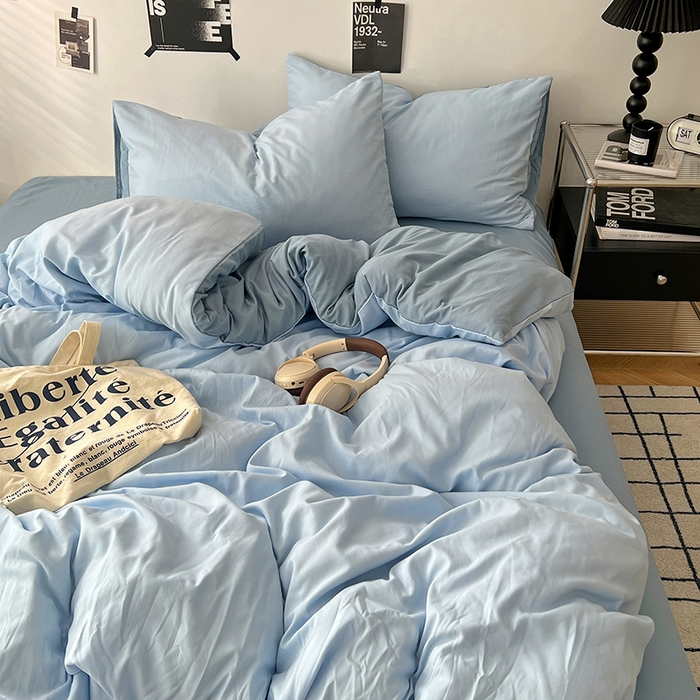 91家纺网 家纺一手货源 找家纺 世爵 2026新款10A抗菌亲肤水洗棉双拼四件套 远天蓝