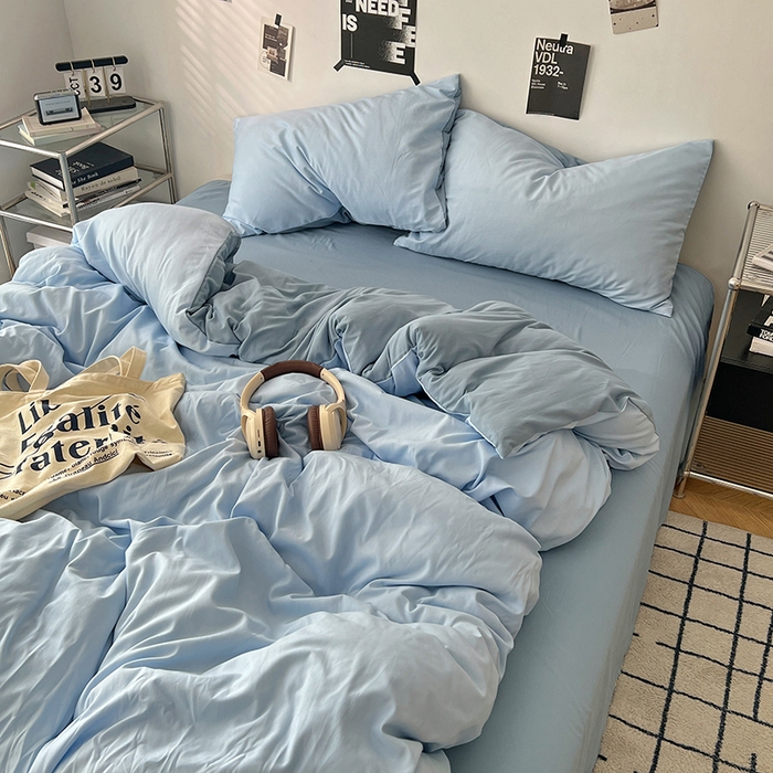 91家纺网 家纺一手货源 找家纺 世爵 2026新款10A抗菌亲肤水洗棉双拼四件套 远天蓝