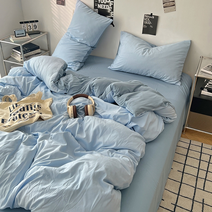 91家纺网 家纺一手货源 找家纺 世爵 2026新款10A抗菌亲肤水洗棉双拼四件套 远天蓝