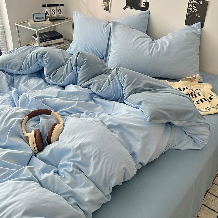 91家纺网 家纺一手货源 找家纺 世爵 2026新款10A抗菌亲肤水洗棉双拼四件套 远天蓝