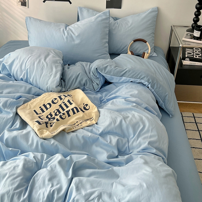 91家纺网 家纺一手货源 找家纺 世爵 2026新款10A抗菌亲肤水洗棉双拼四件套 远天蓝