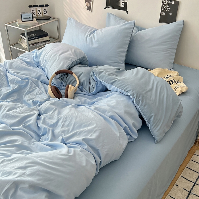 91家纺网 家纺一手货源 找家纺 世爵 2026新款10A抗菌亲肤水洗棉双拼四件套 远天蓝