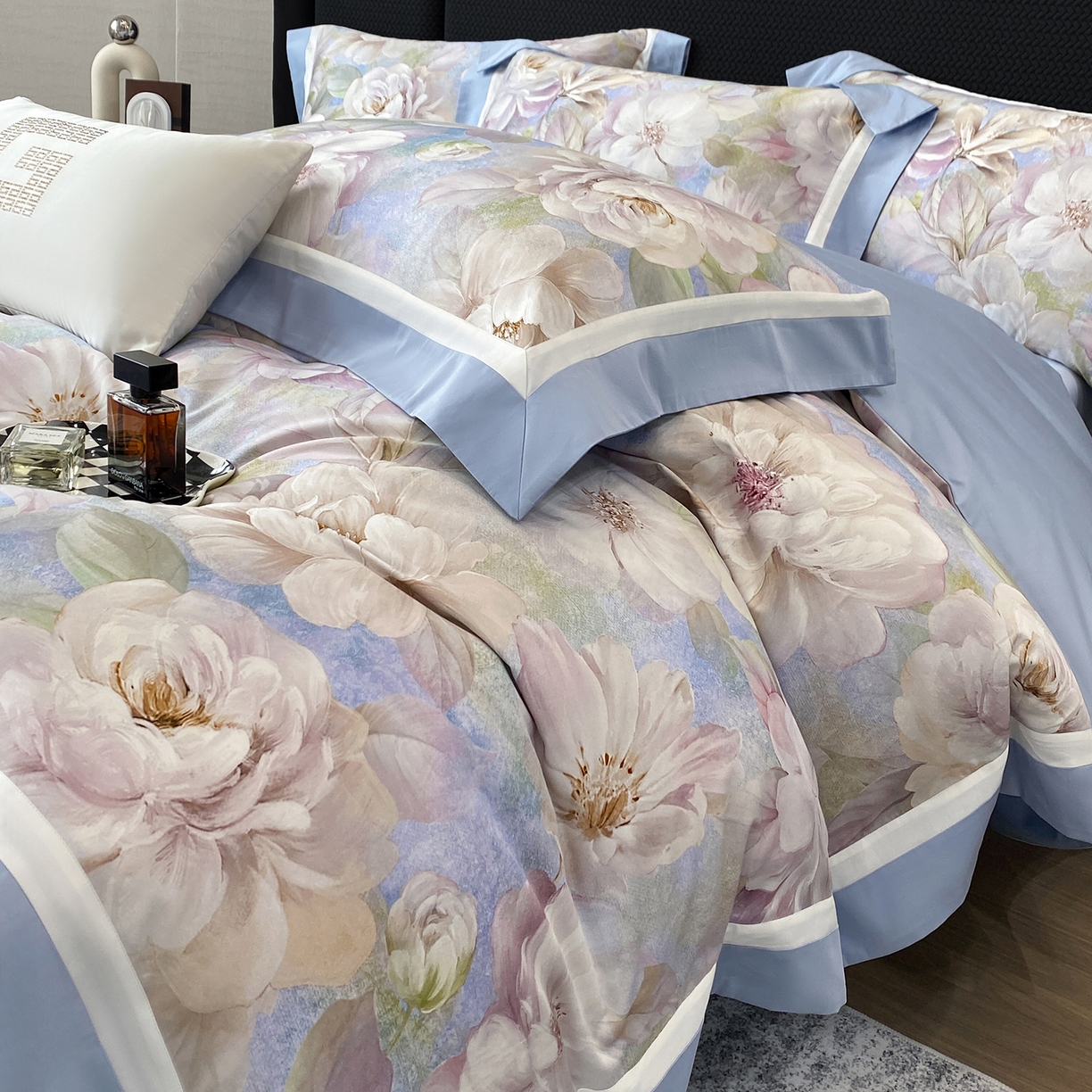 家居1号家纺 2026新款50双股长绒棉纯棉数码数码印花四件套-芬芳/浪蝶（券后价格不得低于：标准328元，加348元！会员优惠10元） 芬芳-蓝