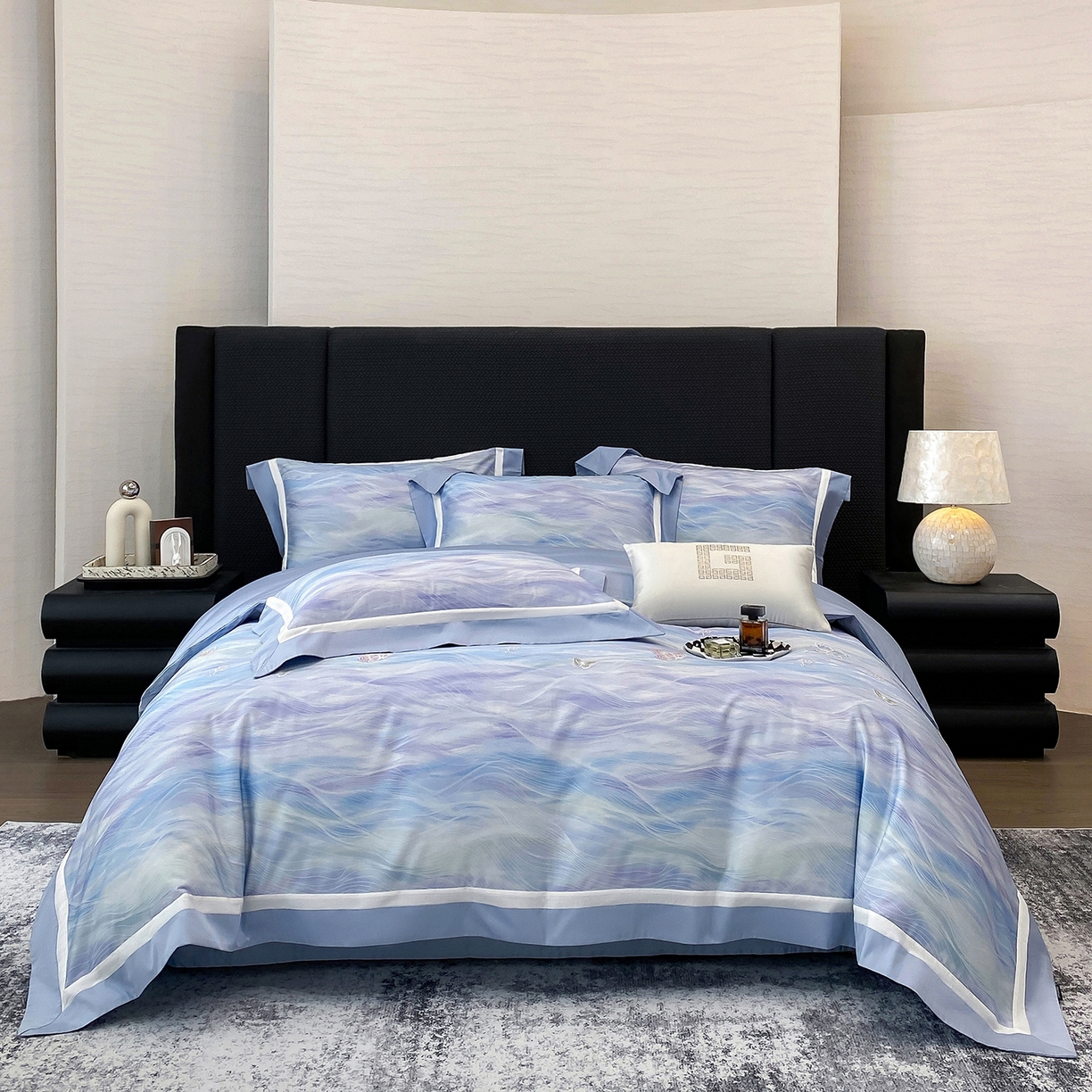 91家纺网 家纺一手货源 找家纺 家居1号家纺 2026新款50双股长绒棉纯棉数码数码印花四件套-芬芳/浪蝶（券后价格不得低于：标准328元，加348元！会员优惠10元） 浪蝶-蓝