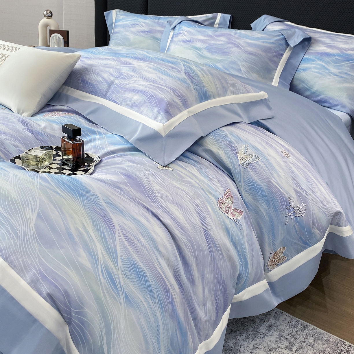 家居1号家纺 2026新款50双股长绒棉纯棉数码数码印花四件套-芬芳/浪蝶（券后价格不得低于：标准328元，加348元！会员优惠10元） 浪蝶-蓝