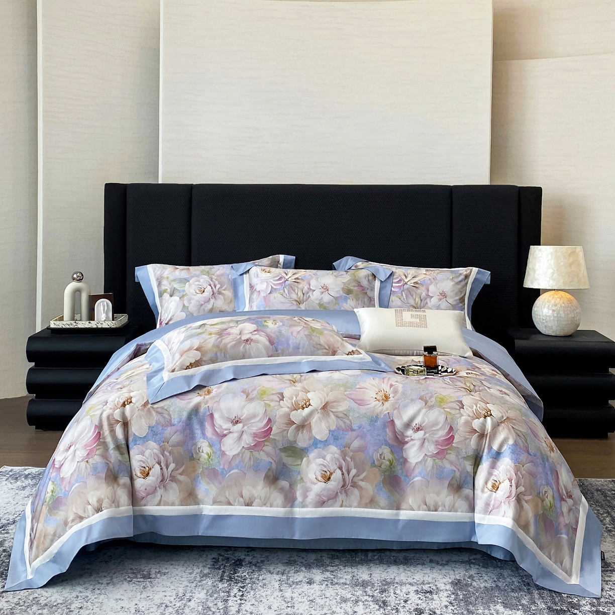 91家纺网 家纺一手货源 找家纺 家居1号家纺 2026新款50双股长绒棉纯棉数码数码印花四件套-芬芳/浪蝶（券后价格不得低于：标准328元，加348元！会员优惠10元） 芬芳-蓝