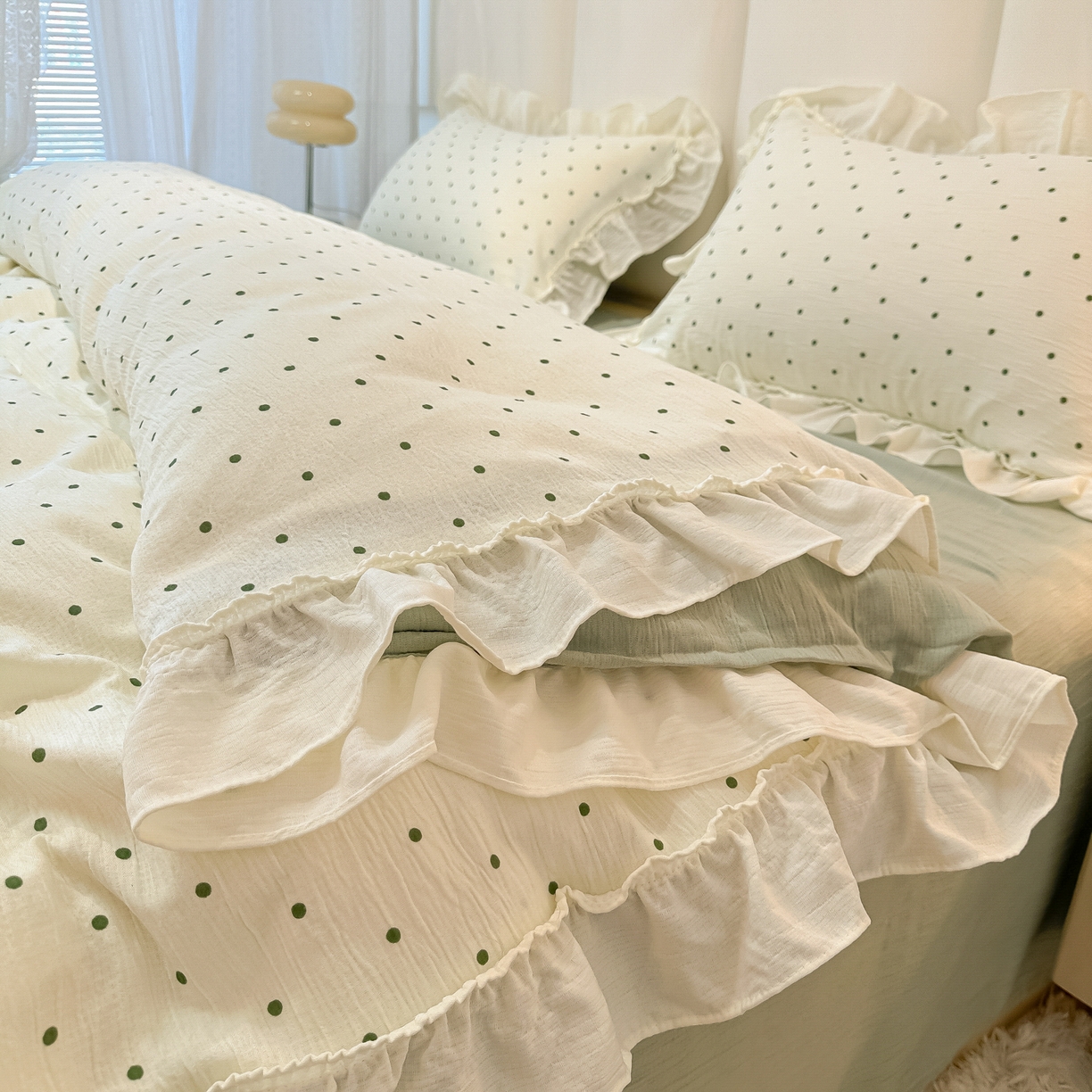 91家纺网 家纺一手货源 找家纺 （总）老K (原美阁） 2026春夏新款皱皱纱网花边四件套双层纱四件套