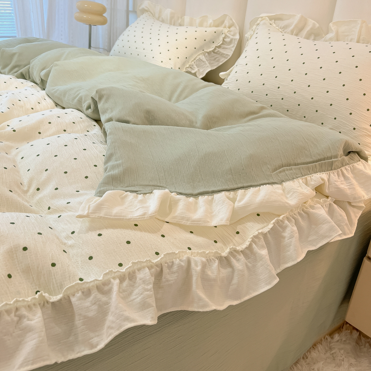 91家纺网 家纺一手货源 找家纺 （总）老K (原美阁） 2026春夏新款皱皱纱网花边四件套双层纱四件套