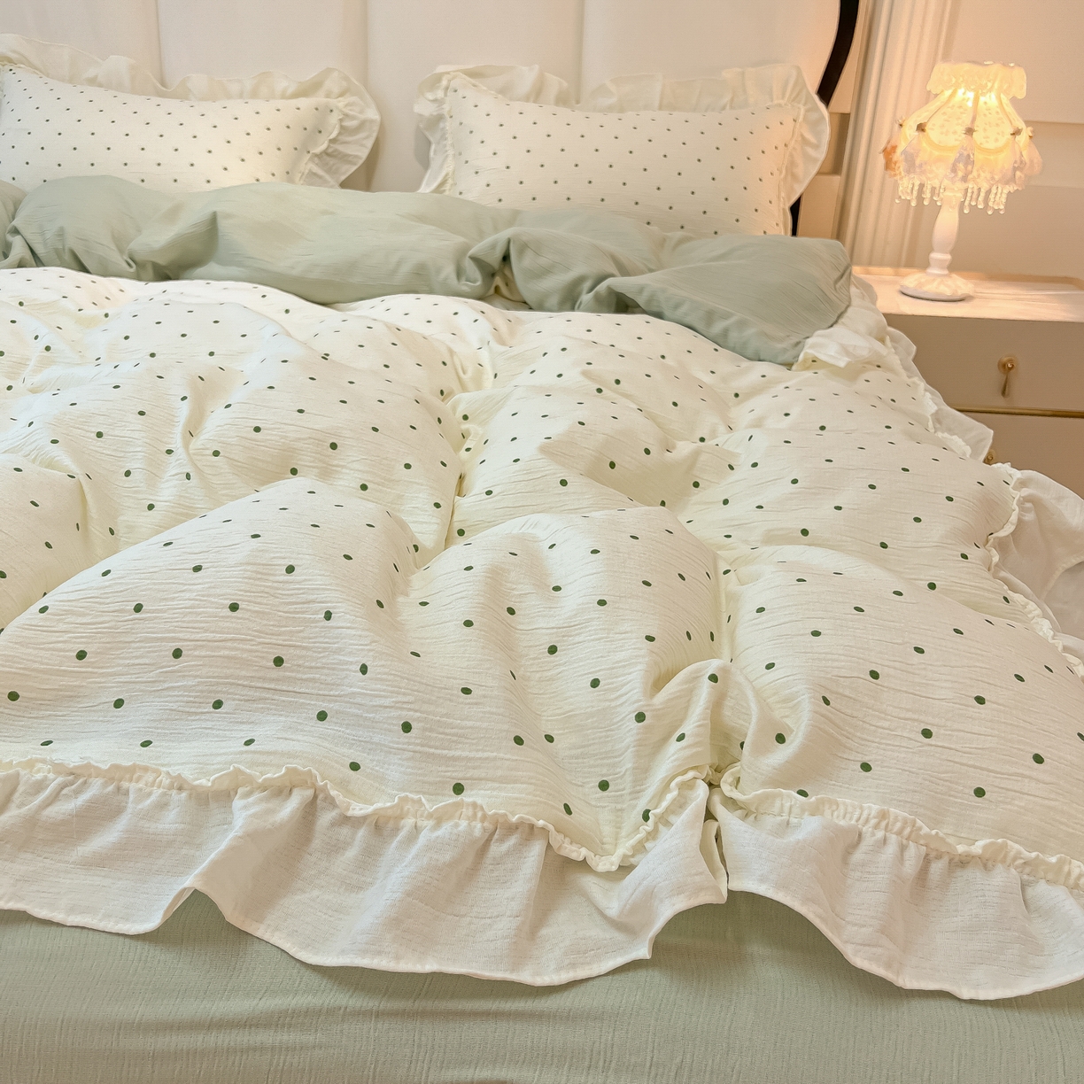 91家纺网 家纺一手货源 找家纺 （总）老K (原美阁） 2026春夏新款皱皱纱网花边四件套双层纱四件套