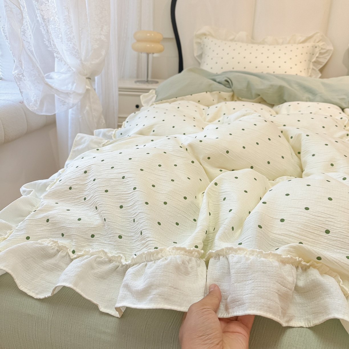 91家纺网 家纺一手货源 找家纺 （总）老K (原美阁） 2026春夏新款皱皱纱网花边四件套双层纱四件套