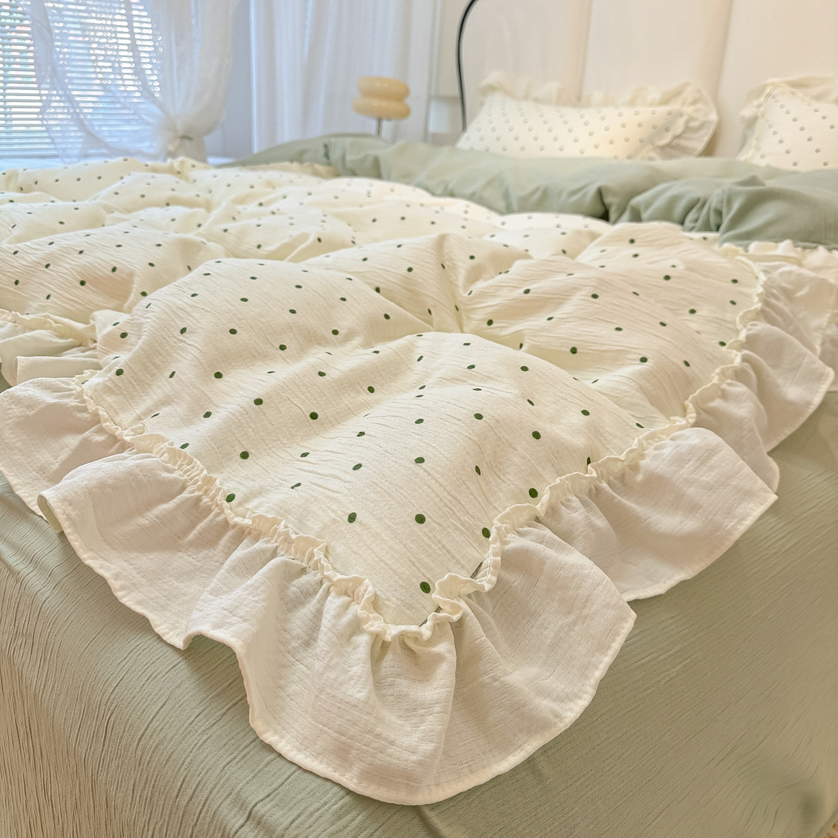 91家纺网 家纺一手货源 找家纺 （总）老K (原美阁） 2026春夏新款皱皱纱网花边四件套双层纱四件套