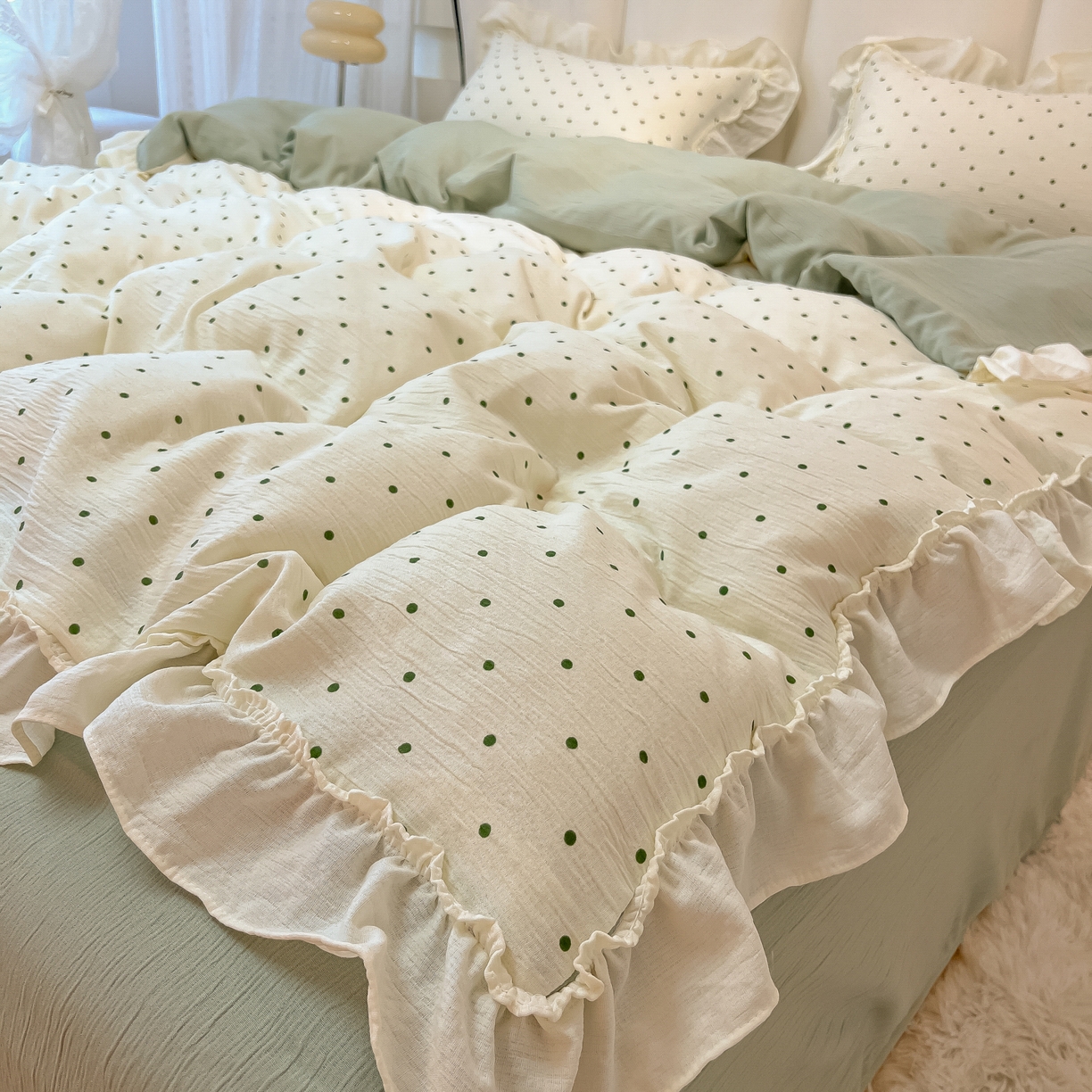 91家纺网 家纺一手货源 找家纺 （总）老K (原美阁） 2026春夏新款皱皱纱网花边四件套双层纱四件套