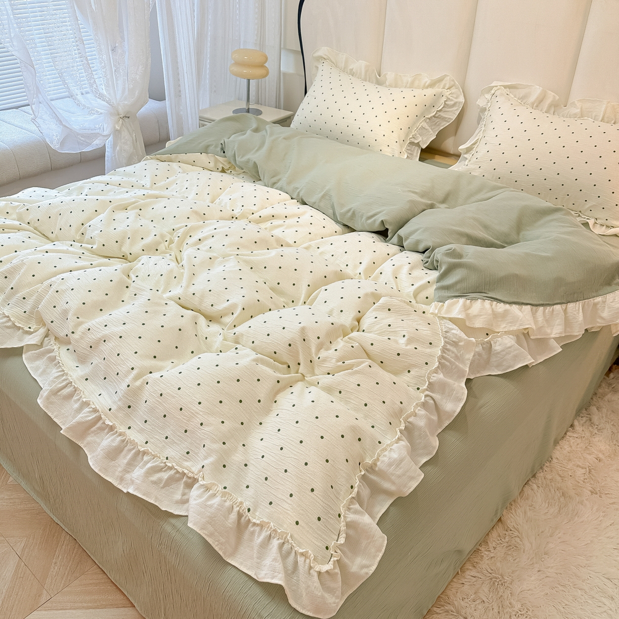 91家纺网 家纺一手货源 找家纺 （总）老K (原美阁） 2026春夏新款皱皱纱网花边四件套双层纱四件套