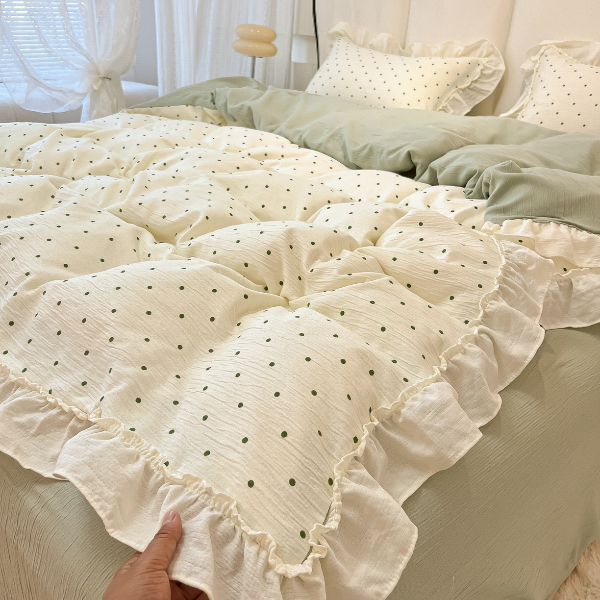 91家纺网 家纺一手货源 找家纺 （总）老K (原美阁） 2026春夏新款皱皱纱网花边四件套双层纱四件套